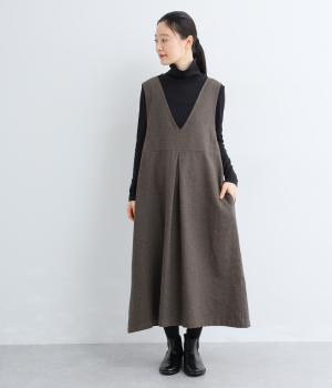 コットンリネン太番手ツイルジャンパースカート(ブラウン-F)