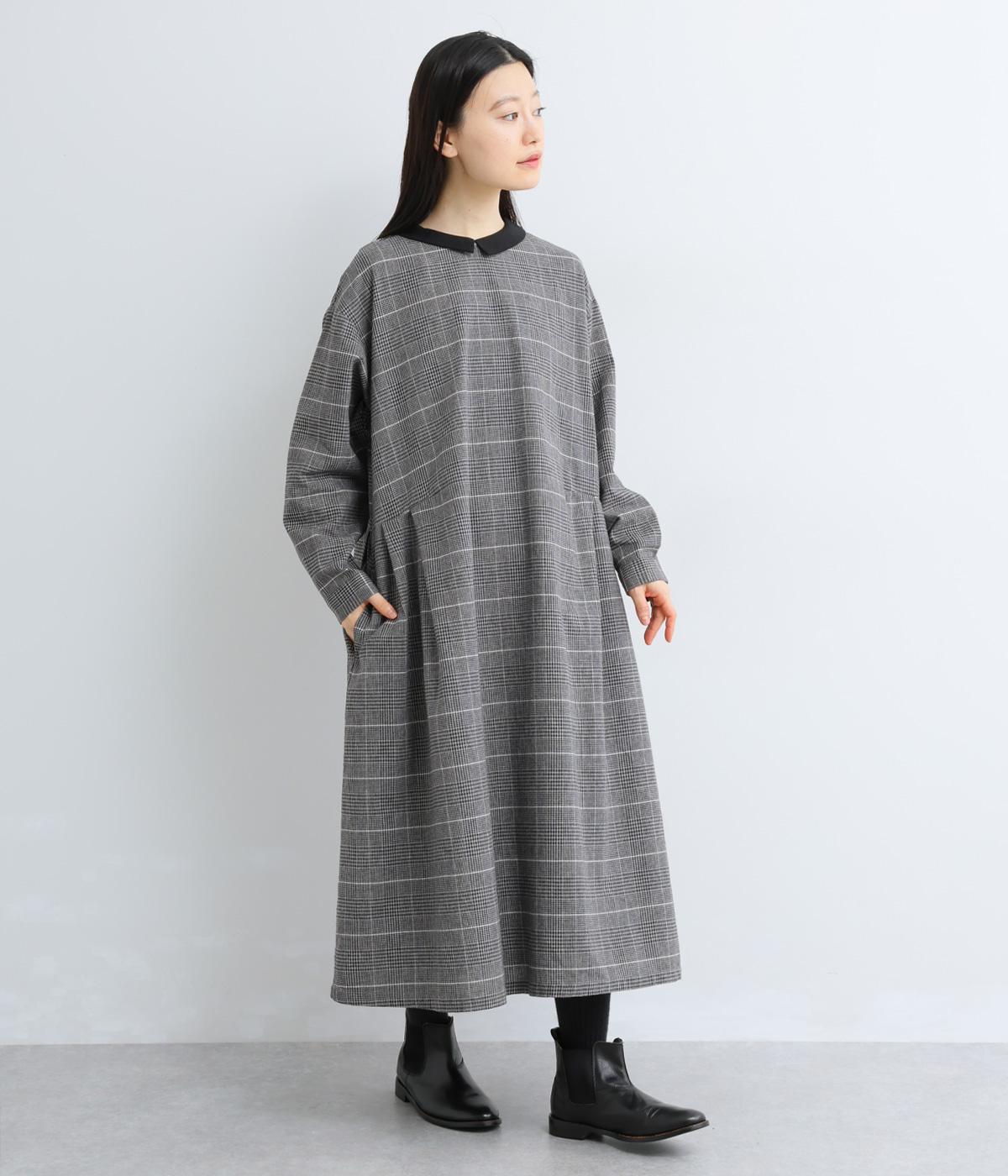 コットンリネンチェック襟配色ワンピース2(グレー-F)