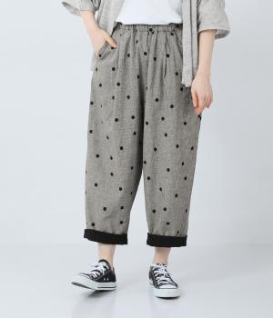 コットンリネンドット刺繍　裾配色パンツ(チドリ-F)