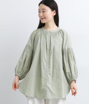コットンリネンギンガムシャーリングチュニック(グリーン-F)