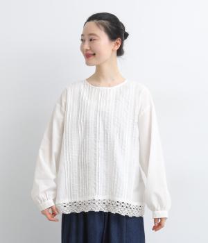 コットンリネン裾レースピンタックブラウス(ホワイト-F)