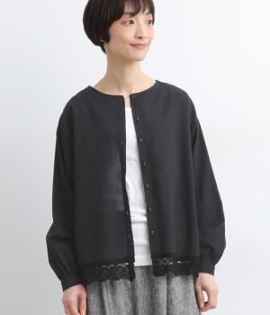 コットンリネン裾レースピンタックブラウス(ブラック-F)