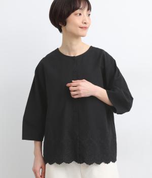 コットンリネンスカラップ刺繍ブラウス(ブラック-F)