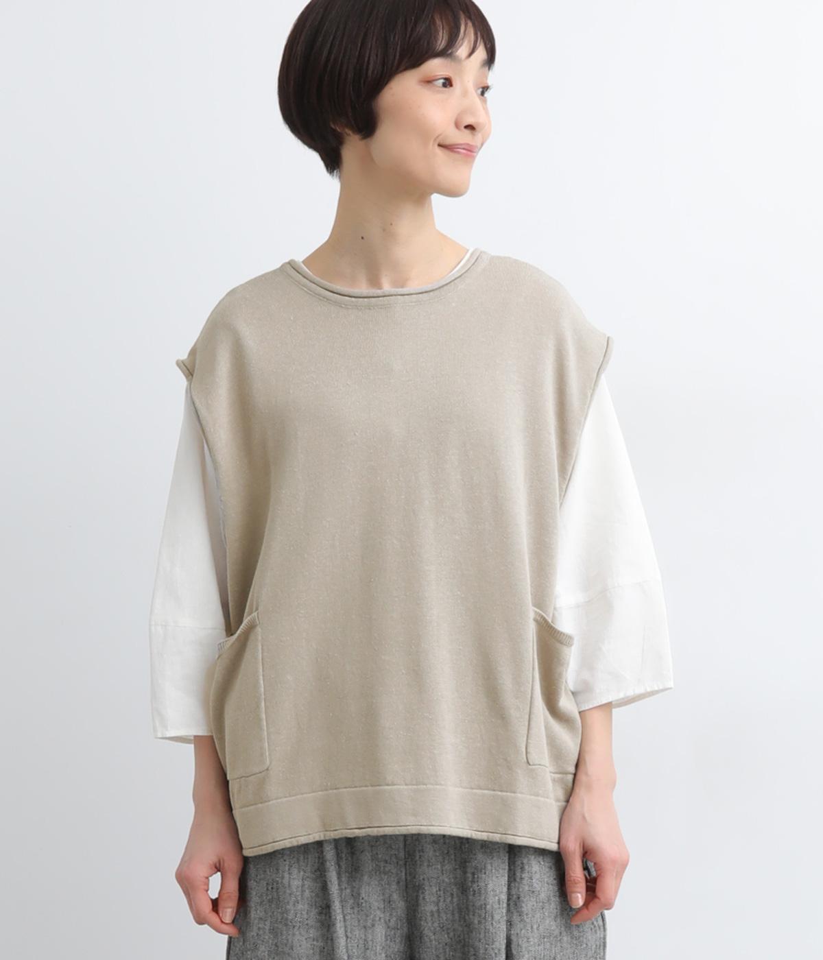 コットンリネンニットサイドポケットベスト(グレージュ-F)