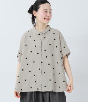 コットンリネンドット刺繍　チビ襟ブラウス