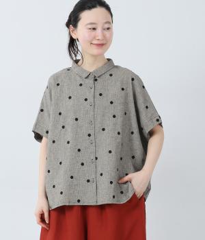 コットンリネンドット刺繍　チビ襟ブラウス(チドリ-F)