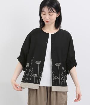コットンリネン配色切替え刺繍　ブラウス(ブラック-F)