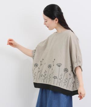 コットンリネン配色切替え刺繍　ブラウス(ベージュ-F)