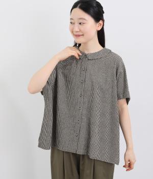 コットンリネン　フラットカラーブラウス(ギンガム-F)