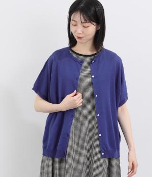 コットンリネンニット　2way半袖カーディガン(ブルー-F)