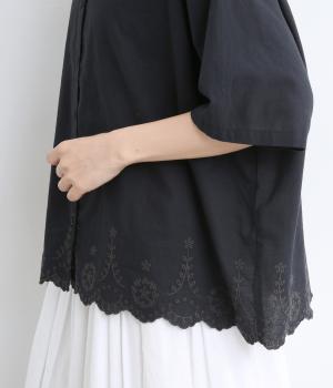 コットンリネンスカラップ刺繍シャツブラウス(ブラック-F)