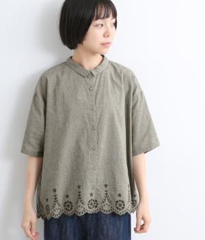 コットンリネンスカラップ刺繍シャツブラウス(チドリ-F)