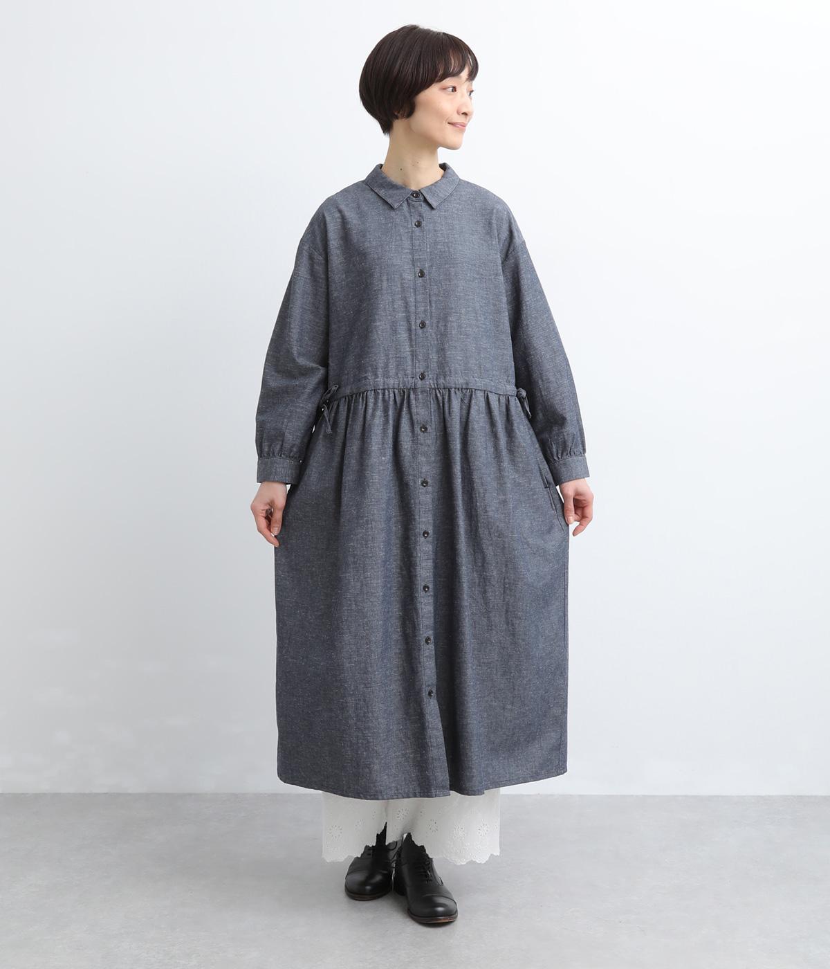 コットンリネンダンガリーギャザーワンピース(ネイビー-F)