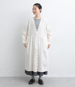 コットンリネンスカラップ刺繍ワンピース(ホワイト-F)