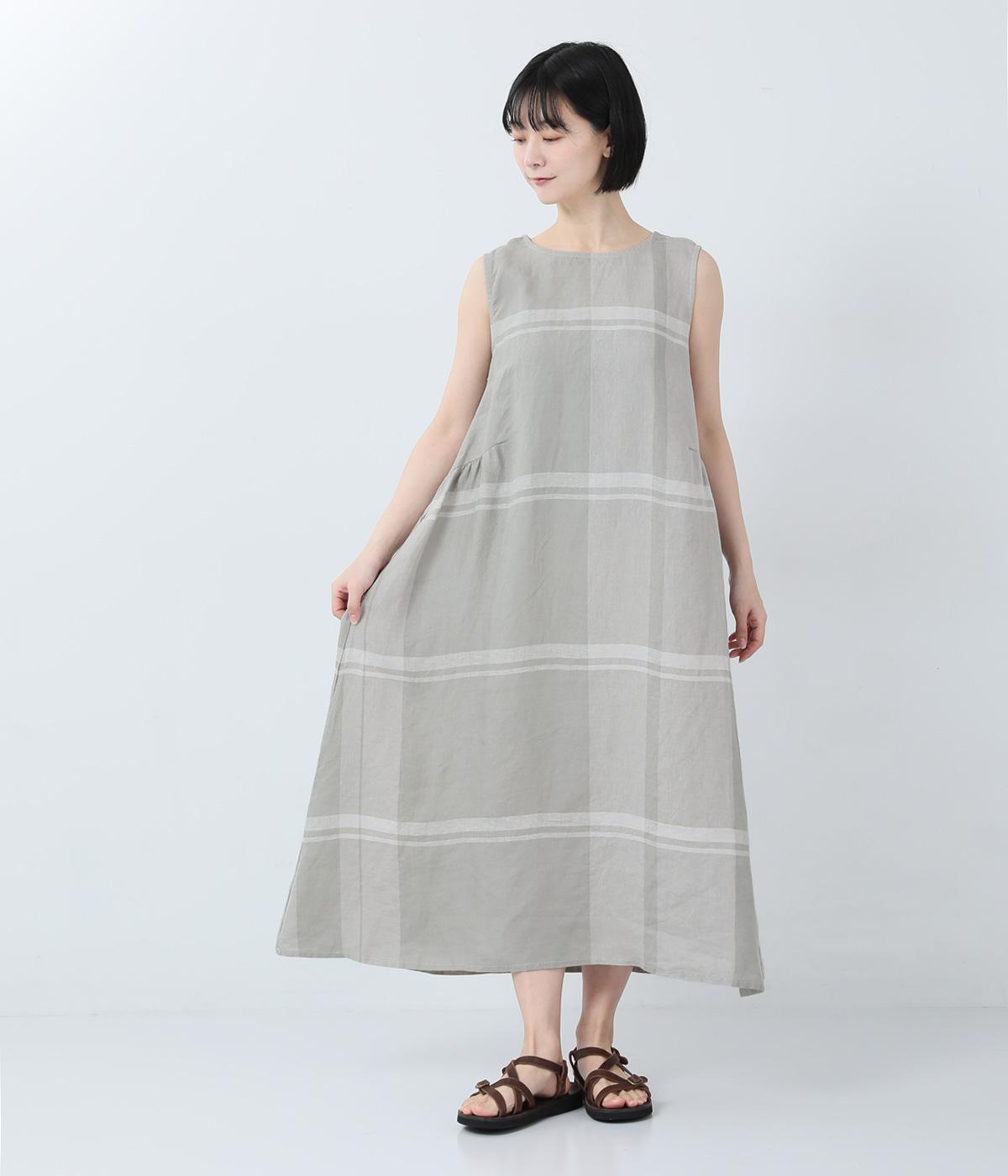 リネンパネルチェック　ノースリーブワンピース(グレー-F)