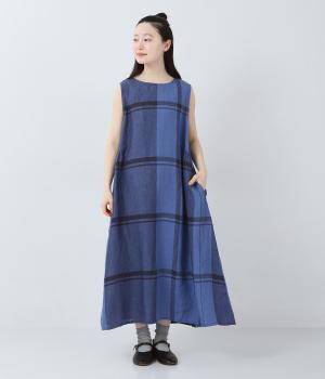 リネンパネルチェック　ノースリーブワンピース(ブルー-F)