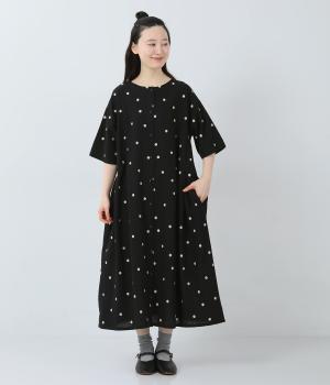 コットンリネンドット刺繍　ワンピース(ブラック-F)