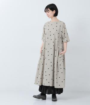 コットンリネンドット刺繍　ワンピース(ベージュ-F)
