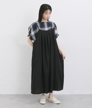 コットンリネンへリンボン　キャミワンピース(ブラック-F)