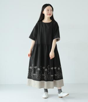 【5月中旬発売予定】コットンリネン配色切替え刺繍　ワンピース(ブラック-F)