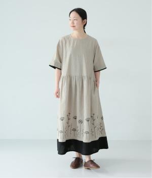 【5月中旬発売予定】コットンリネン配色切替え刺繍　ワンピース(ベージュ-F)