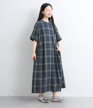 コットンリネンチェック袖口配色ワンピース(ブラックウォッチ-F)