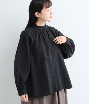 コットンリネン襟裁ち切りフリルブラウス（ブラック・F）