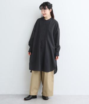 コットンリネンピンタックシャツワンピース（ブラック・F）