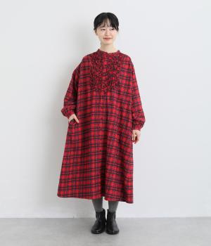 コットンチェック裁ち切りフリルワンピース（レッド・F）