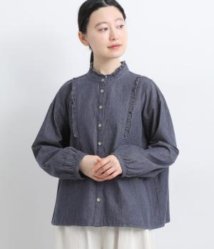 6オンスデニムフリルブラウス(ネイビー-38)