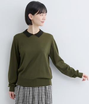 ビエラヤーン配色襟ニットプルオーバー(カーキ-F)