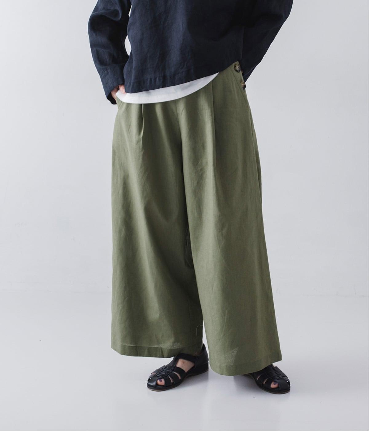 コットンリネンタックワイドパンツ(グリーン-38)