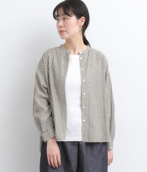 ヘンプリーストライプバンドカラーシャツ
