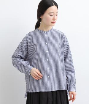 ヘンプリーストライプバンドカラーシャツ(サックス×ブラック-38)