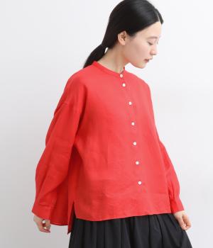 リネンキャンバスバンドカラーシャツ(レッド-38)