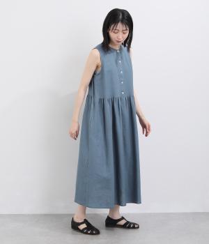 リネンノースリーブギャザー切替ワンピース(サックス-38)