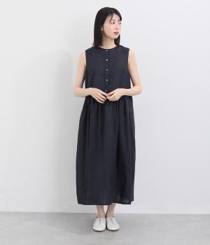リネンノースリーブギャザー切替ワンピース(ネイビー-38)