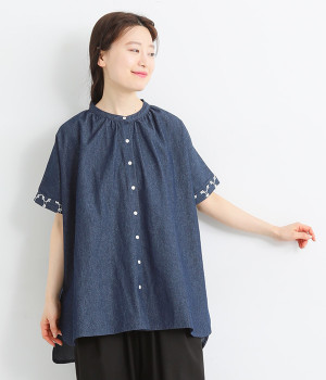 デニム×サークル刺繍ブラウス(ネイビー-ONESIZE)