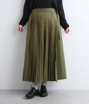 【リンネル掲載】異素材プリーツスカート(カーキ-F)