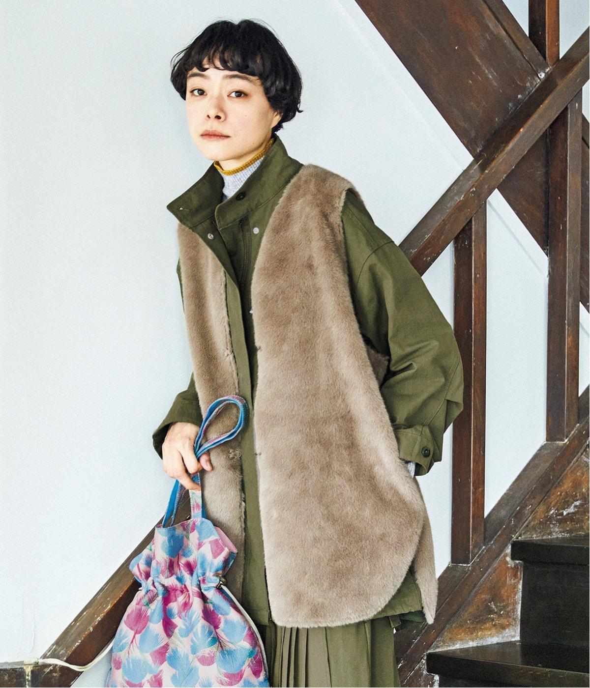 【リンネル掲載】フェイクファーロングジレ(モカ-F)