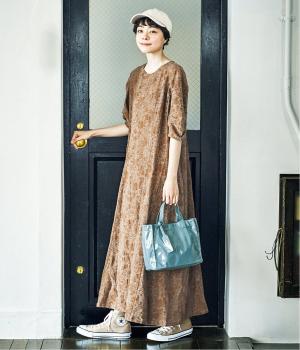 【リンネル掲載】花柄ジャカードワンピース(ブラウン-F)