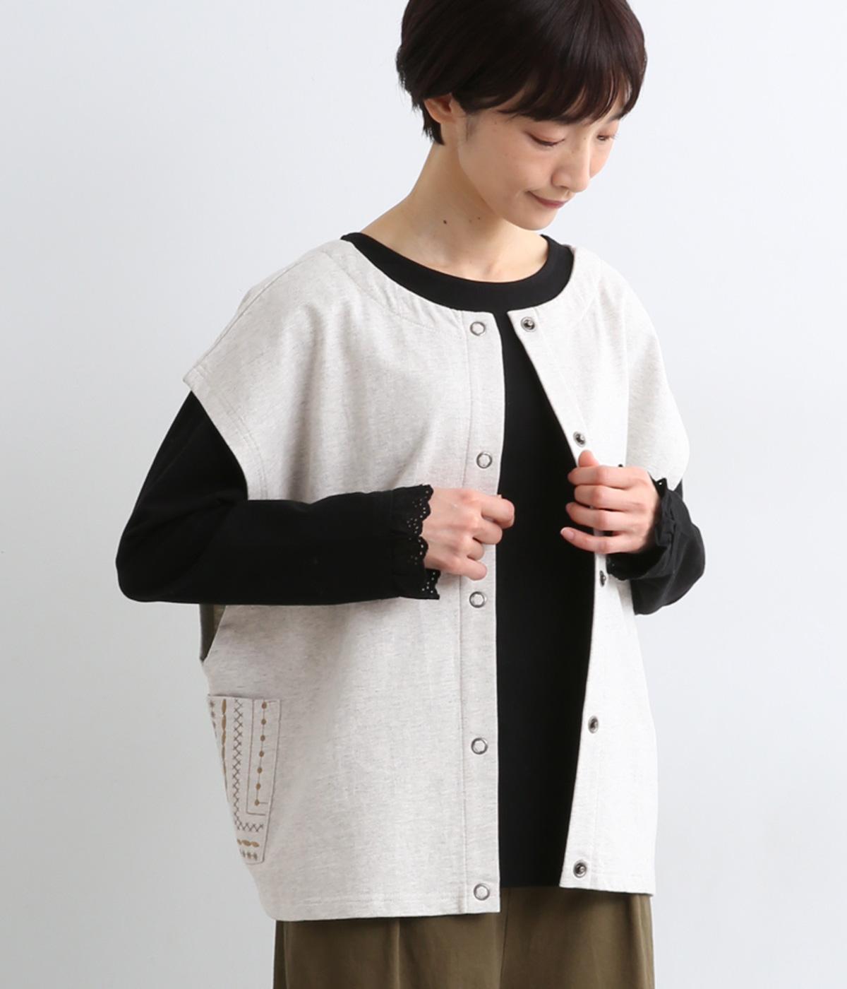 ミニ裏毛×スパンテレコ刺繍ポケット2wayベスト(オートミールトップ-F)
