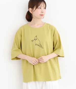 5分袖オカメインコ刺繍Tシャツ(イエロー-ONESIZE)