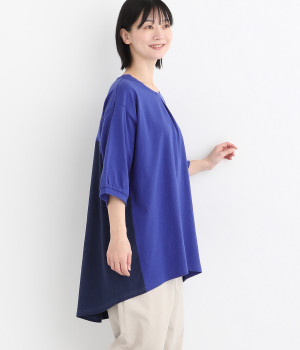 6分袖布帛切替フレアチュニック(ブルー-ONESIZE)
