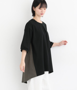 6分袖布帛切替フレアチュニック(ブラック-ONESIZE)