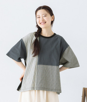 柄布帛切替ゆったりTシャツ(ブラック×チャコール-ONESIZE)