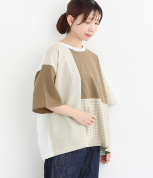 柄布帛切替ゆったりTシャツ(ホワイト×ベージュ-ONESIZE)