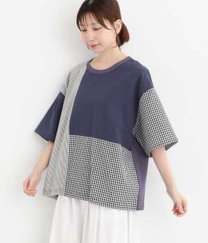 柄布帛切替ゆったりTシャツ(パープル×ネイビー-ONESIZE)