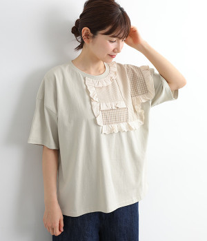フリルパッチ切替Tシャツ(ライトグレー-ONESIZE)