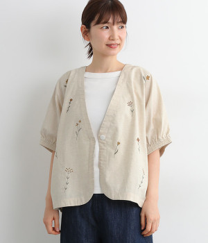コットンリネン 刺繍カーディガン(キナリ-ONESIZE)